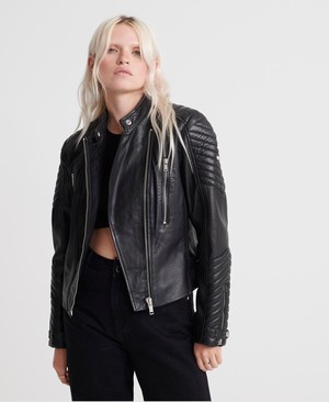 Superdry Essentials Leather Racer Női Kabát Fekete | FCDEG4065